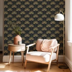 Mitchell Black Bohemian Bungalow Deco Fan Wallpaper - Black & Gold