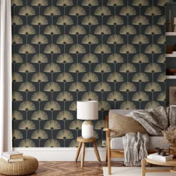 Mitchell Black Bohemian Bungalow Deco Fan Wallpaper - Black & Gold