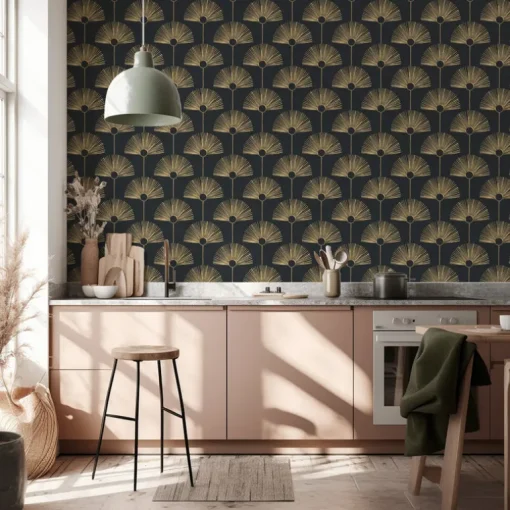 Mitchell Black Bohemian Bungalow Deco Fan Wallpaper - Black & Gold