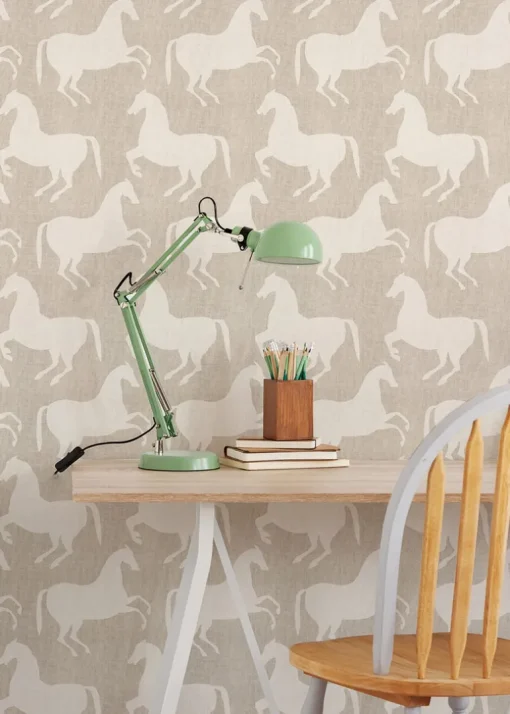 Mitchell Black Kids Paper Horses Wallpaper - Raw Linen