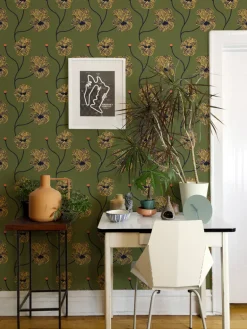 Mitchell Black Natalie Papier Flourish Floral Wallpaper - Olive Canary