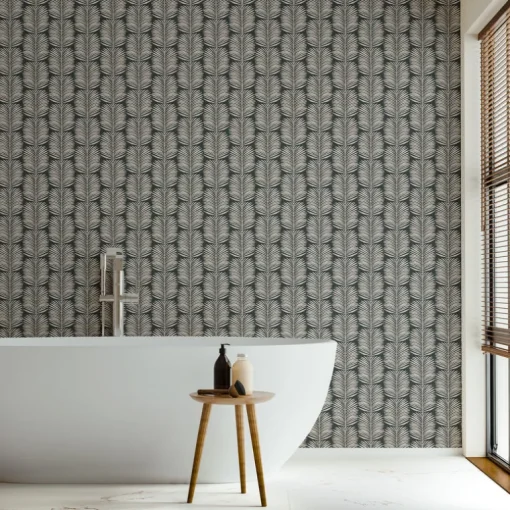 Mitchell Black Organic Betty White Palm Leaves Wallpaper - Black Blush