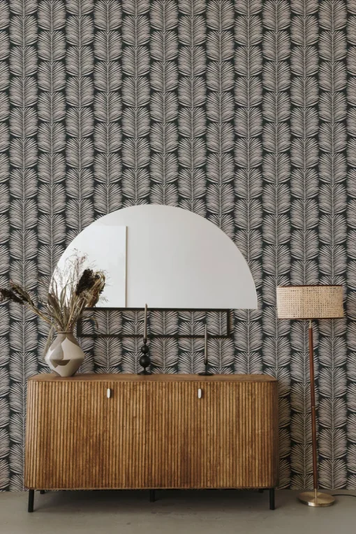 Mitchell Black Organic Betty White Palm Leaves Wallpaper - Black Blush