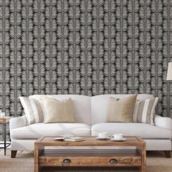 Mitchell Black Organic Betty White Palm Leaves Wallpaper - Black Blush