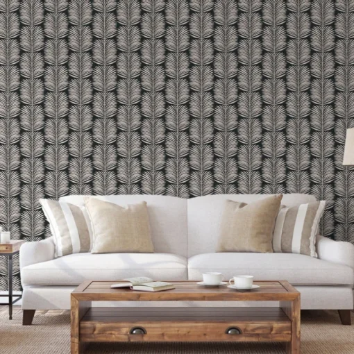 Mitchell Black Organic Betty White Palm Leaves Wallpaper - Black Blush