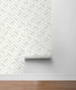 NextWall Chevron Marble Tile Peel & Stick Wallpaper - Silver