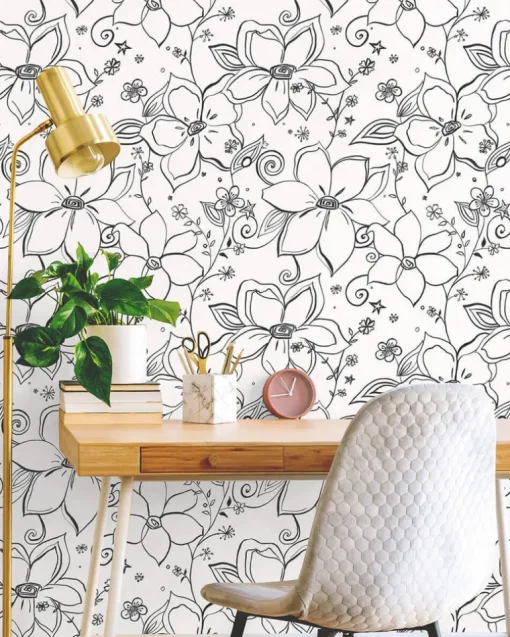 NextWall Linework Floral Peel & Stick Wallpaper - Black & White