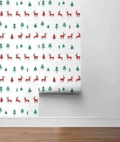 NextWall Run Run Reindeer Holiday Peel & Stick Wallpaper - Red & Green