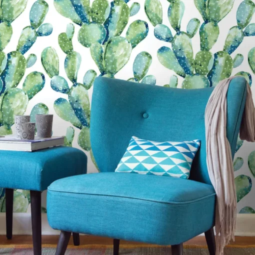 Prickly Pear Cactus Peel & Stick Wallpaper - Blue & Green