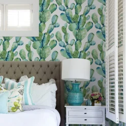 Prickly Pear Cactus Peel & Stick Wallpaper - Blue & Green