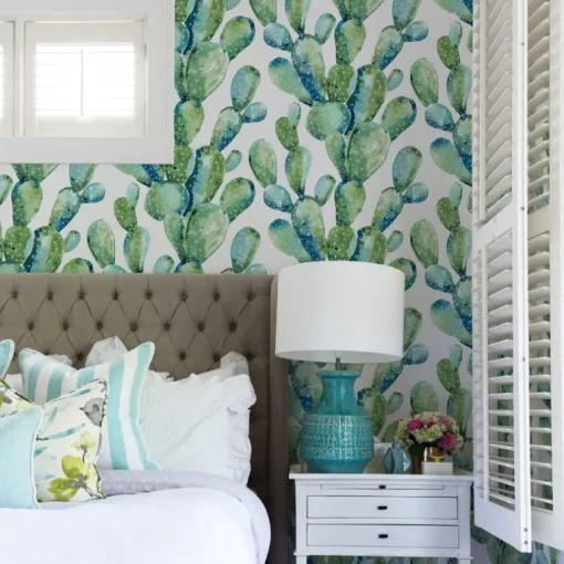 Prickly Pear Cactus Peel & Stick Wallpaper - Blue & Green