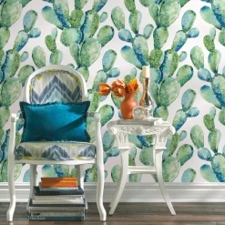 Prickly Pear Cactus Peel & Stick Wallpaper - Blue & Green