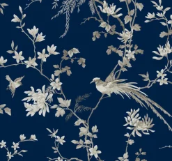 Ronald Redding 24 Karat Bird & Blossom Chinoiserie Wallpaper - Blue