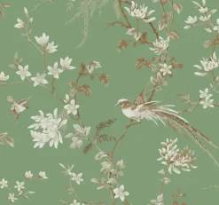 Ronald Redding 24 Karat Bird & Blossom Chinoiserie Wallpaper - Green