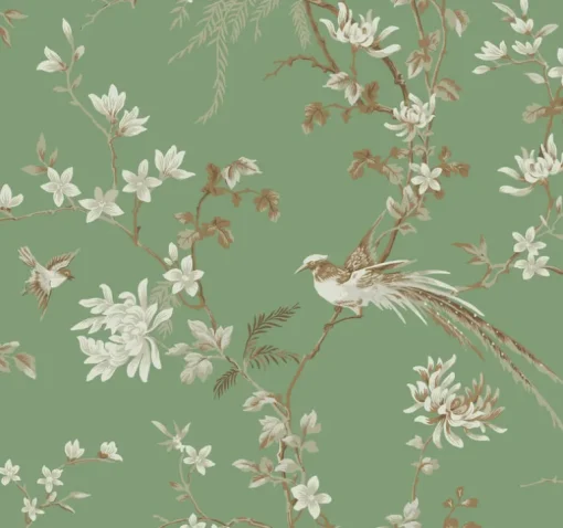 Ronald Redding 24 Karat Bird & Blossom Chinoiserie Wallpaper - Green