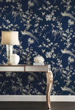 Ronald Redding 24 Karat Bird & Blossom Chinoiserie Wallpaper - Blue