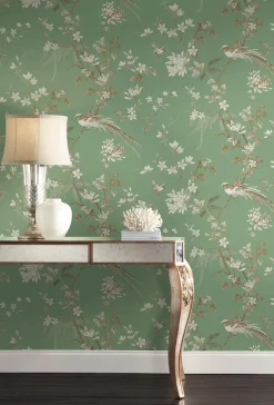 Ronald Redding 24 Karat Bird & Blossom Chinoiserie Wallpaper - Green