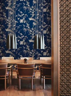 Ronald Redding 24 Karat Bird & Blossom Chinoiserie Wallpaper - Blue