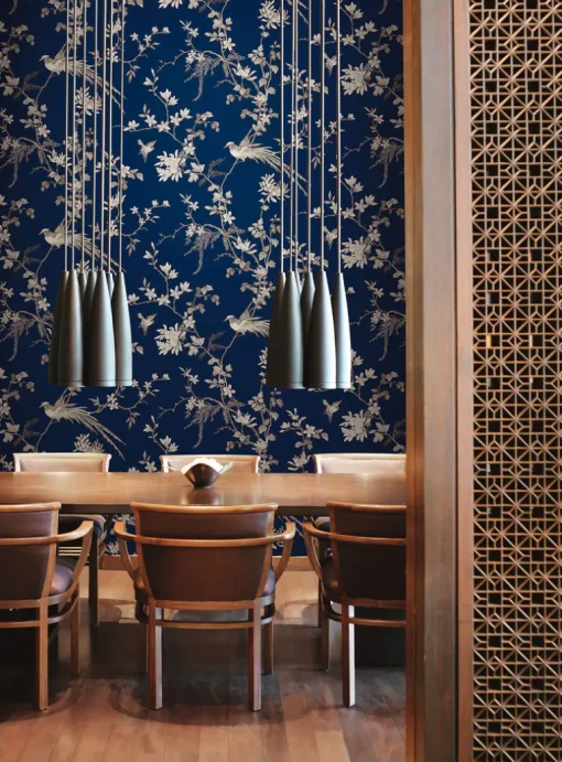 Ronald Redding 24 Karat Bird & Blossom Chinoiserie Wallpaper - Blue