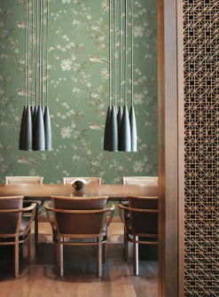 Ronald Redding 24 Karat Bird & Blossom Chinoiserie Wallpaper - Green