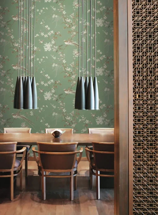 Ronald Redding 24 Karat Bird & Blossom Chinoiserie Wallpaper - Green