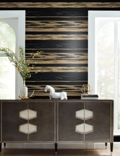 Ronald Redding 24 Karat Horizontal Dry Brush Wallpaper - Black & Gold