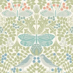 Ronald Redding Arts & Crafts Butterfly Garden Wallpaper - Green & Blue