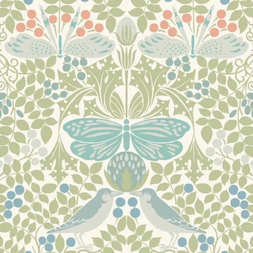 Ronald Redding Arts & Crafts Butterfly Garden Wallpaper - Green & Blue