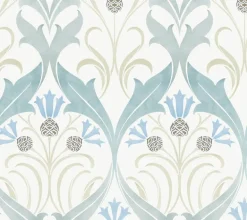 Ronald Redding Arts & Crafts Pine Cone Ribbon Wallpaper - Teal