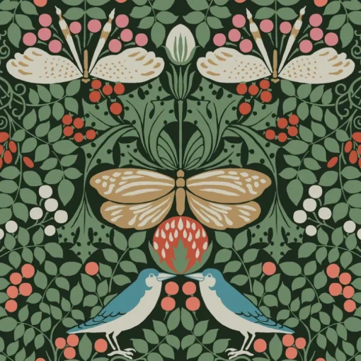 Ronald Redding Arts & Crafts Butterfly Garden Wallpaper - Green