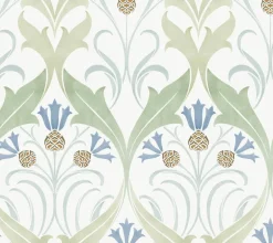 Ronald Redding Arts & Crafts Pine Cone Ribbon Wallpaper - Green & Blue