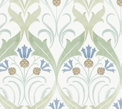 Ronald Redding Arts & Crafts Pine Cone Ribbon Wallpaper - Green & Blue