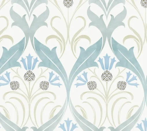 Ronald Redding Arts & Crafts Pine Cone Ribbon Wallpaper - Teal
