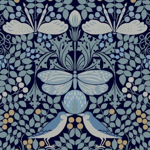 Ronald Redding Arts & Crafts Butterfly Garden Wallpaper - Blue