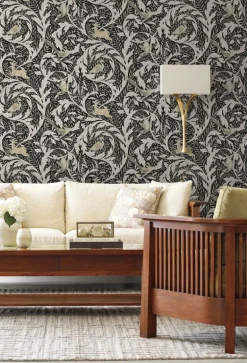 Ronald Redding Arts & Crafts Woodland Tapestry Wallpaper - Black