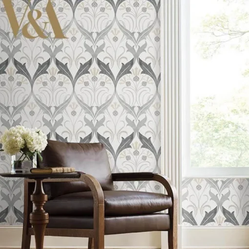 Ronald Redding Arts & Crafts Pine Cone Ribbon Wallpaper - Charcoal
