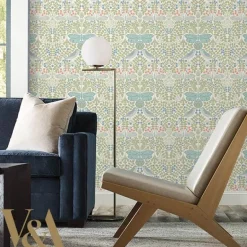 Ronald Redding Arts & Crafts Butterfly Garden Wallpaper - Green & Blue