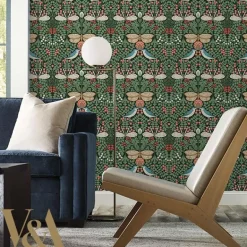 Ronald Redding Arts & Crafts Butterfly Garden Wallpaper - Green