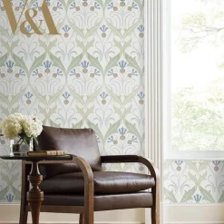 Ronald Redding Arts & Crafts Pine Cone Ribbon Wallpaper - Green & Blue