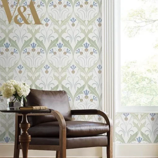 Ronald Redding Arts & Crafts Pine Cone Ribbon Wallpaper - Green & Blue