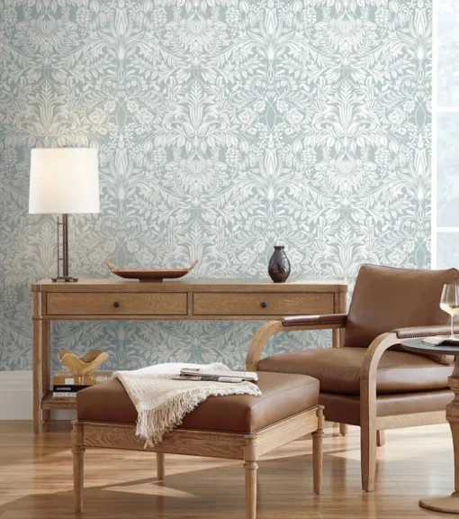 Ronald Redding Arts & Crafts Lockwood Damask Wallpaper - Light Blue