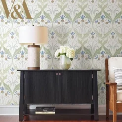 Ronald Redding Arts & Crafts Pine Cone Ribbon Wallpaper - Green & Blue