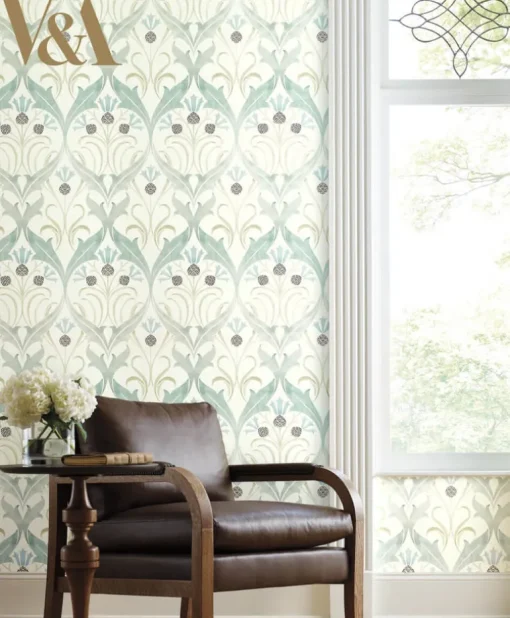 Ronald Redding Arts & Crafts Pine Cone Ribbon Wallpaper - Teal