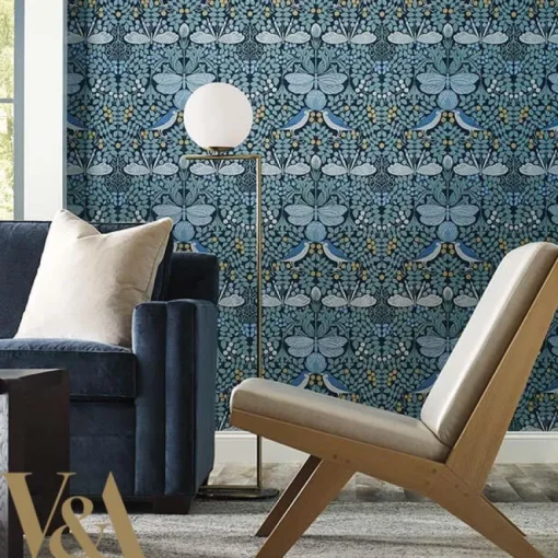 Ronald Redding Arts & Crafts Butterfly Garden Wallpaper - Blue