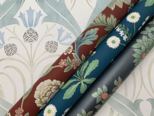 Ronald Redding Arts & Crafts Pine Cone Ribbon Wallpaper - Teal