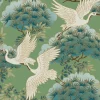 Ronald Redding Tea Garden Sprig & Heron Wallpaper - Green
