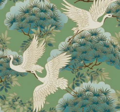 Ronald Redding Tea Garden Sprig & Heron Wallpaper - Green