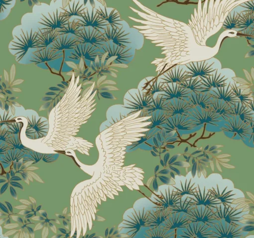 Ronald Redding Tea Garden Sprig & Heron Wallpaper - Green