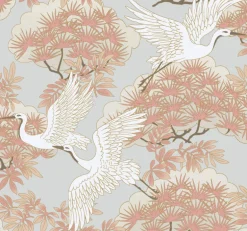 Ronald Redding Tea Garden Sprig & Heron Wallpaper - Coral
