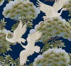 Ronald Redding Tea Garden Sprig & Heron Wallpaper - Navy